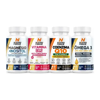 Os potes do Kit Magnésio e Inositol + B12 + Q10 + Ômega 3