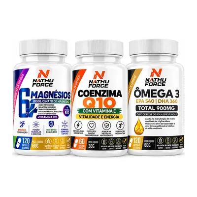 Os três potes do kit: 6 Magnésios com B12, Coenzima Q10 com vitamina E e Ômega 3 Nathu Force