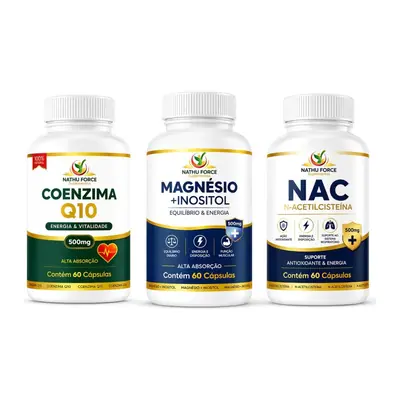 Os potes do Kit Q10 + Magnésio e Inositol + NAC