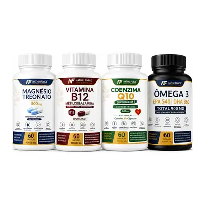 Os potes do Kit Magnésio Treonato + B12 + Q10 + Ômega 3