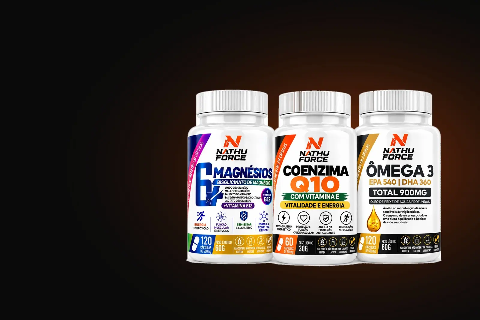 Os três potes do Kit Magnésio Q10 da Nathu Force: 6 Magnésios com B12, Coenzima Q10 com vitamina E e Ômega 3